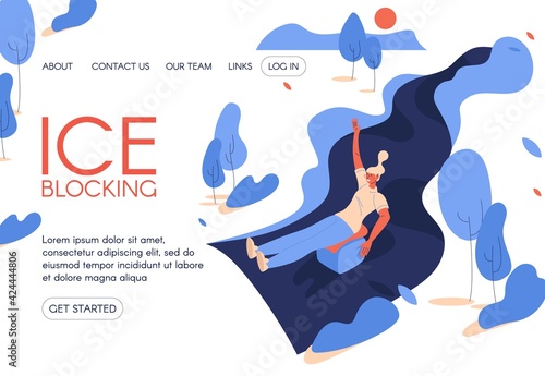 Ice blocking landing page with young female happy character drawn in cartoon style