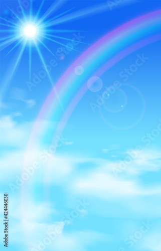 青空と虹と太陽の日差しと雲の雨上がりなベクターイラスト背景(風景、幻想的、ファンタジー)