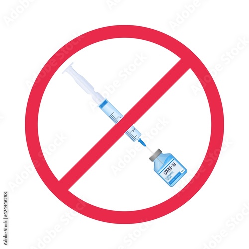 Anti-vax movement symbol. Syringe in prohibition sign. Fear and protest of covid vaccination, immunization refuse concept. Stock vector illustration in flat cartoon style isolated on white