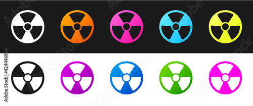 Set Radioactive icon isolated on black and white background. Radioactive toxic symbol. Radiation Hazard sign. Vector