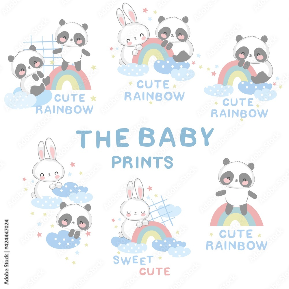 Cute Big Set Panda Bear and Rabbit vector illustration hand drawn bunny and panda with rainbow design print for t-shirt Cute Big Set Panda Bear and Rabbit vector illustration hand drawn bunny and panda with rainbow design print for t-shirt