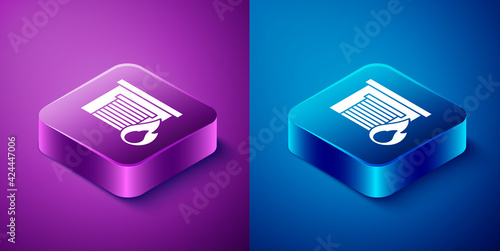 Isometric Fire in burning garage icon isolated on blue and purple background. Square button. Vector