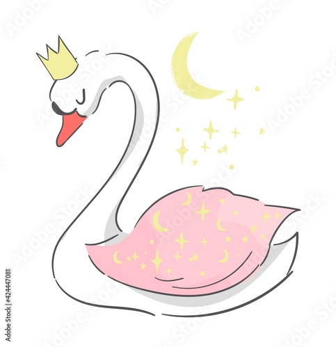 Hand drawn cute swan in a crown fairytale beautiful hand drawn vector illustration print for kids design