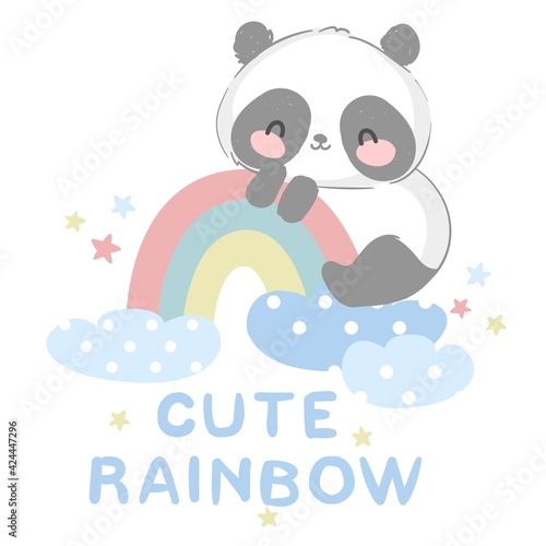 Cute happy Panda Bear vector illustration hand drawn panda with rainbow design print for t-shirt