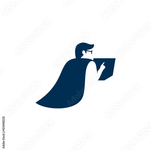 man wearing cape like superhero holding a laptop with negative space - gadgets repair technician logo