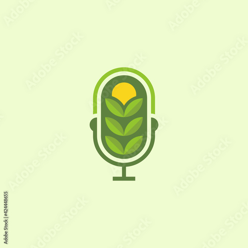 Agriculture podcast -  green leaves and sun inside microphone logo design template