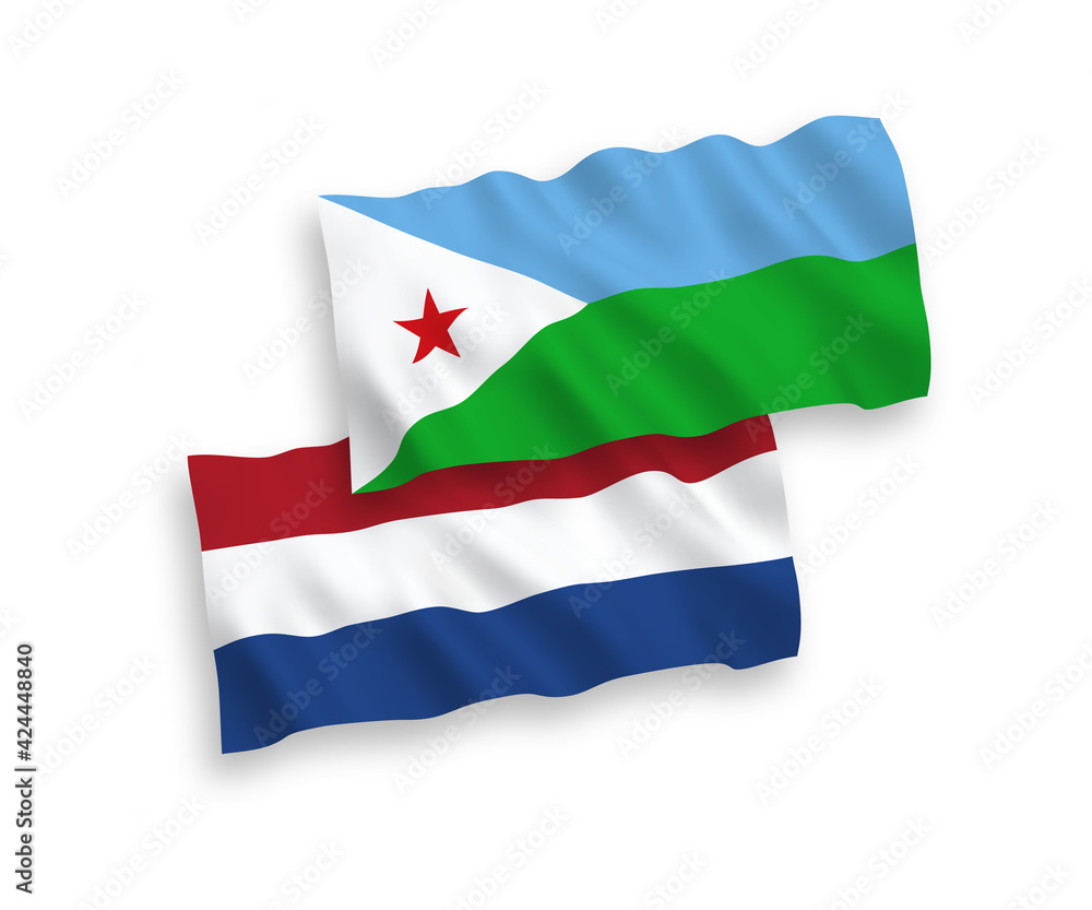 Flags of Republic of Djibouti and Netherlands on a white background Flags of Republic of Djibouti and Netherlands on a white background