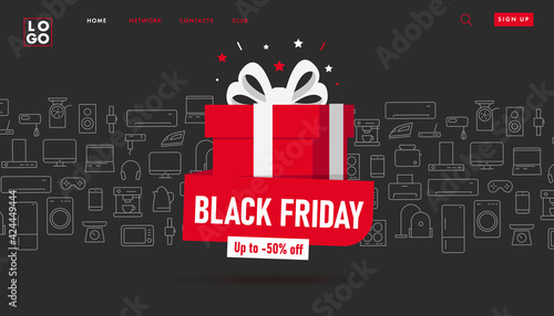 Black friday sale promo advertising poster with red gift box and electronics and kitchen home gadgets on the background