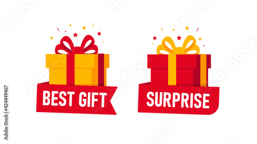 Icons of gift box in perspective, simple garphic in red and yellow bright colors with ribbon and confetti and origami paper with copy