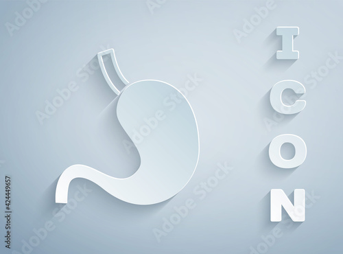 Paper cut Human stomach icon isolated on grey background. Paper art style. Vector