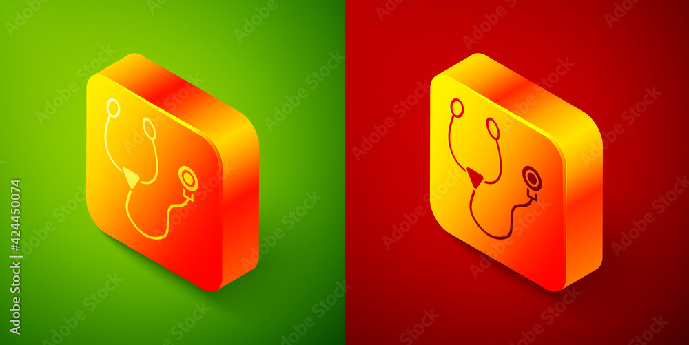 Isometric Stethoscope medical instrument icon isolated on green and red background. Square button. Vector Isometric Stethoscope medical instrument icon isolated on green and red background. Square button. Vector