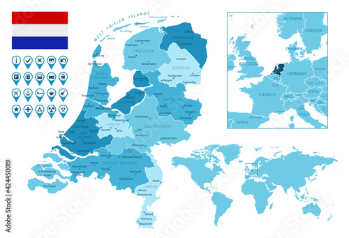 Netherlands detailed administrative blue map with country flag and location on the world map. Vector illustration