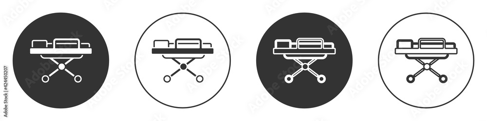 Black Stretcher icon isolated on white background. Patient hospital medical stretcher. Circle button. Vector Black Stretcher icon isolated on white background. Patient hospital medical stretcher. Circle button. Vector