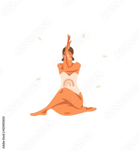 Hand drawn vector abstract stock graphic bohemian clipart illustration with young happy beauty female character,meditating and yoga practitioner isolated on white background