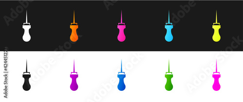 Set Awl tool with wooden handle icon isolated on black and white background. Work equipment tailor industry. Vector