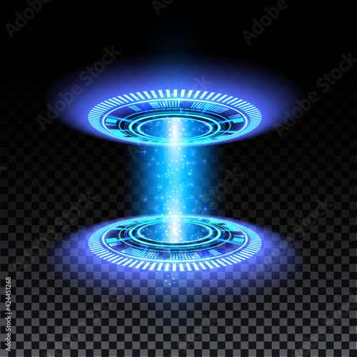 Blue hologram portal. Magic fantasy portal. Magic circle teleport podium with hologram effect. Vector blue glow rays with sparks on transparent background.