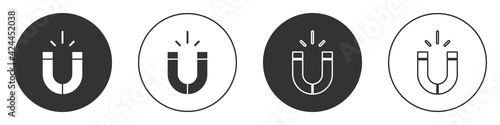 Black Magnet icon isolated on white background. Horseshoe magnet, magnetism, magnetize, attraction. Circle button. Vector