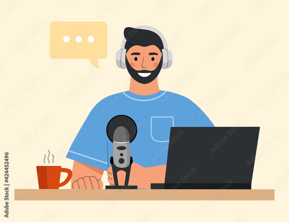 Young smiling man sitting with headphones and microphone recording audio podcast. Concept of radio broadcasting. Flat vector illustration.