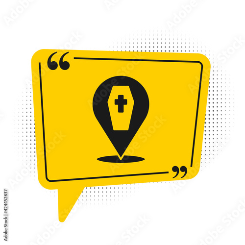 Black Coffin with christian cross icon isolated on white background. Happy Halloween party. Yellow speech bubble symbol. Vector