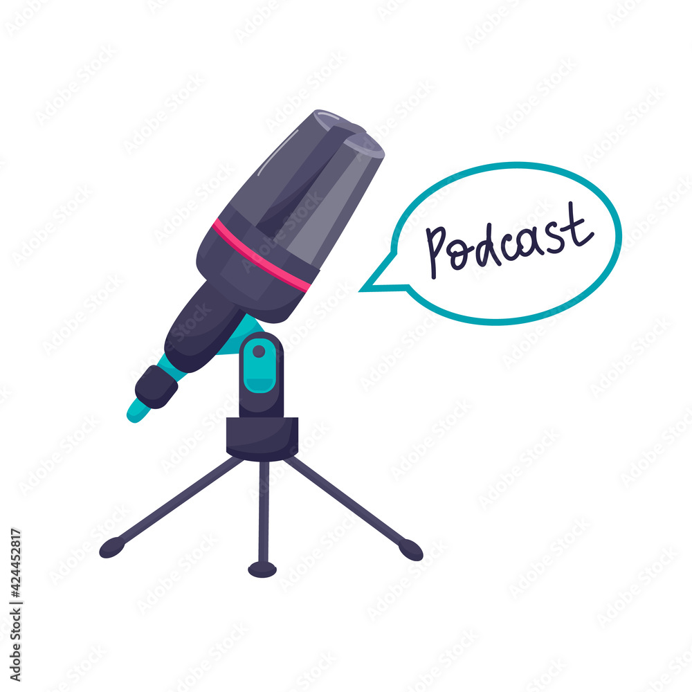 Media tool, mic and speech bubble doodle icon. Sound recording device, media equipment vector illustration. Microphone Podcast, broadcasting facilities color drawing isolated on white background. 