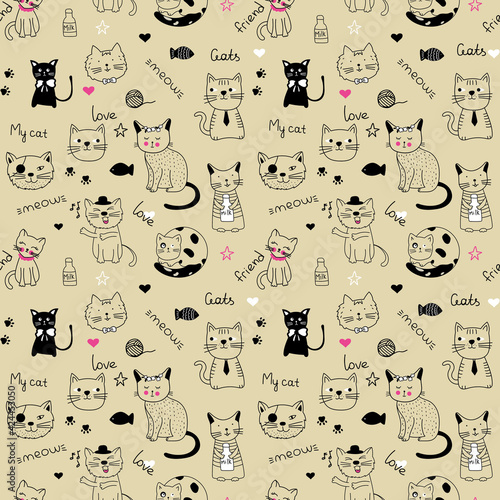 Vector fashion cat seamless pattern. Cute kitten illustration in sketch style. Cartoon animals background. Doodle kitty. Ideal for fabric, wallpaper, wrapping paper, textile, bedding, t-shirt print