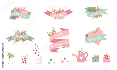 Lovely hand drawn Mother's Day doodles, banderoles and text in german language saying "Thank you Mom, For Mom and similar" - great for print products, cards, wallpapers, banners - vector design