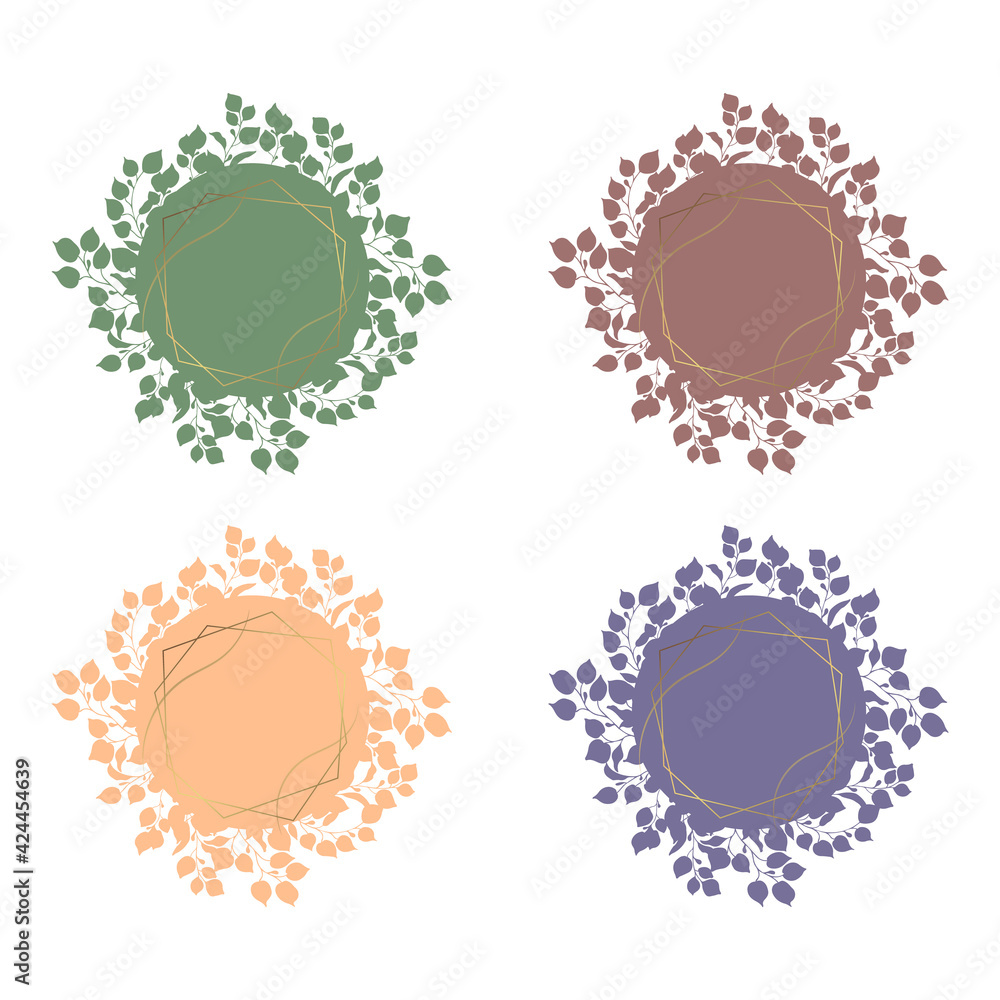 Set of eucalyptus leaves, selection of branches vector design round frame. Gold frame. Cute rustic wedding greenery. Different tones. Collection of silhouettes of greenery. Vector template Set of eucalyptus leaves, selection of branches vector design round frame. Gold frame. Cute rustic wedding greenery. Different tones. Collection of silhouettes of greenery. Vector template