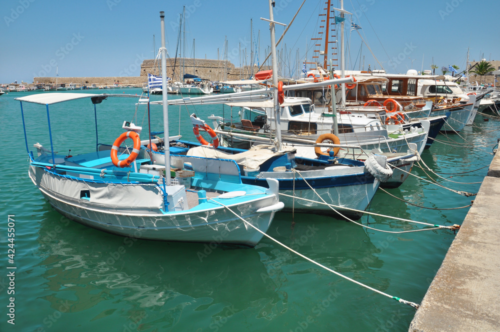 Boats docked in the Greek port of Heraklion.