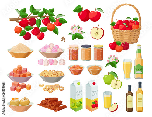 Apple harvest large collection of vector illustrations isolated on white background. Red apples on branch, in basket, juice, cider, jam, marmalade, pectin, zefir, marshmallow, confiture, pastila