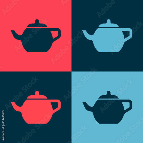 Pop art Traditional Chinese tea ceremony icon isolated on color background. Teapot with cup. Vector