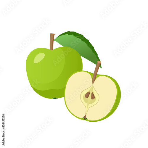 Green apple, whole and halved apple in flat design isolated on white background.