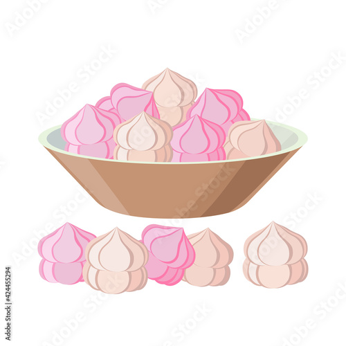 Zefir in bowl - vector illustration isolated on white background. Marshmallow pile.