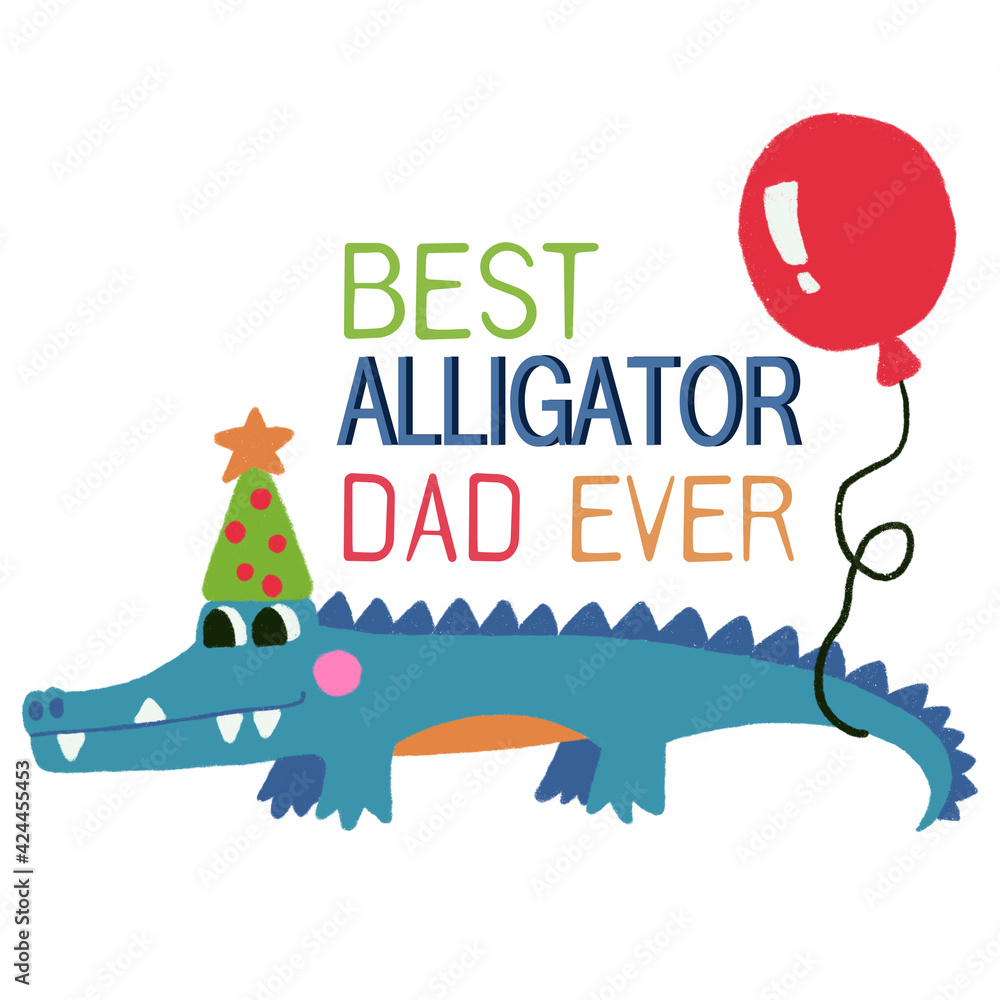 Fototapeta premium Hand drawn birthday party blue crocodile Alligator digital clipart cute doodle