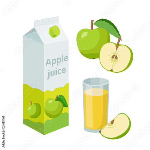 Apple juice in packaging and fresh whole and halved apples, glass of apple juice. Vector illustration in flat design. Apple drink.
