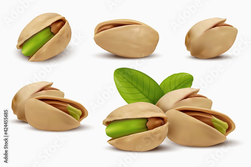 Realistic pistachios in 3d style. Roasted pistachios in shell isolated on white background. Natural organic food. Design element for nuts packaging, advertising, etc. Vector illustration. photo
