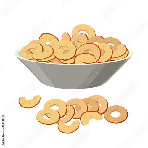 Dried apples, apple slices in bowl, pile of dry apples in flat design isolated on white backgtound.