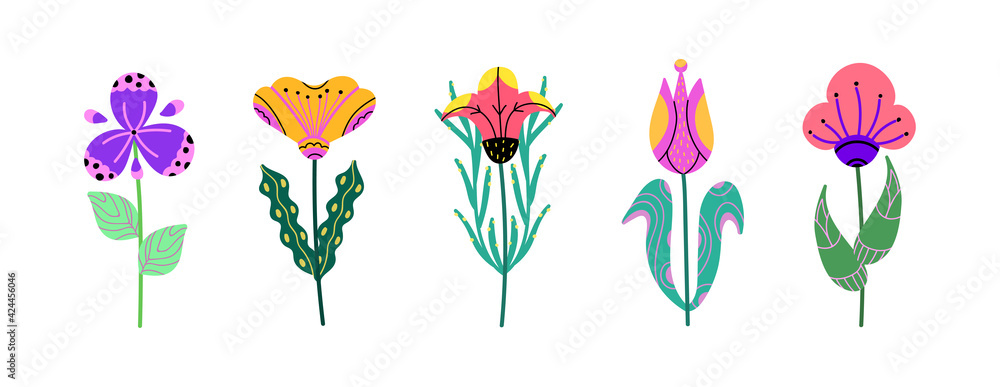 Obraz premium Set of flowers isolated on a white background. Bright blooming flowers for card,postcard,poster,advertising design.Collection of floral design. Colorful botanical vector illustration in cartoon style.