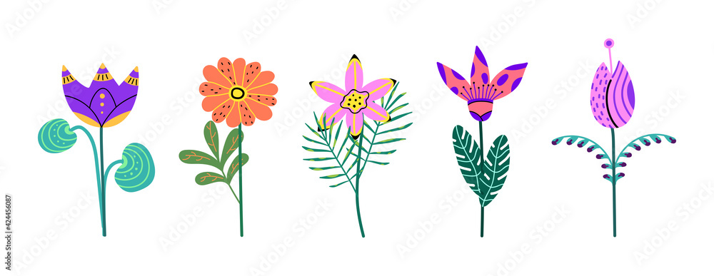 Set of flowers isolated on a white background. Bright blooming flowers for card,postcard,poster,advertising design.Collection of floral design. Colorful botanical vector illustration in cartoon style.