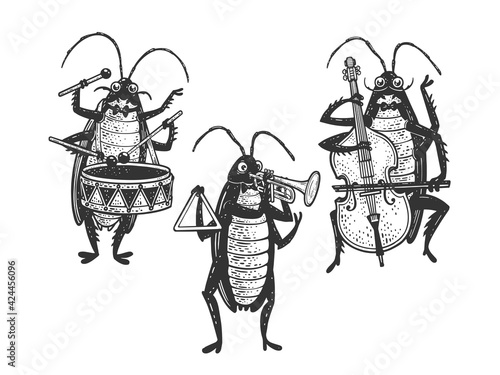 Cartoon cockroach orchestra playing the trumpet double bass drum sketch engraving vector illustration. T-shirt apparel print design. Scratch board imitation. Black and white hand drawn image.