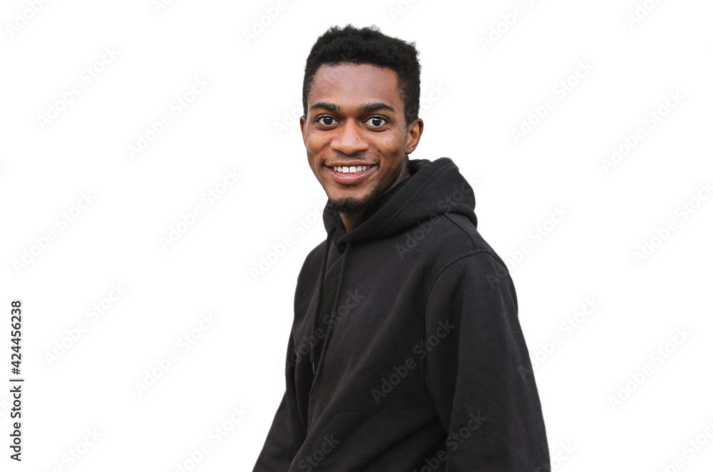 Portrait close up of happy young smiling african man looking at camera wearing a black hoodie isolated on a white background Portrait close up of happy young smiling african man looking at camera wearing a black hoodie isolated on a white background