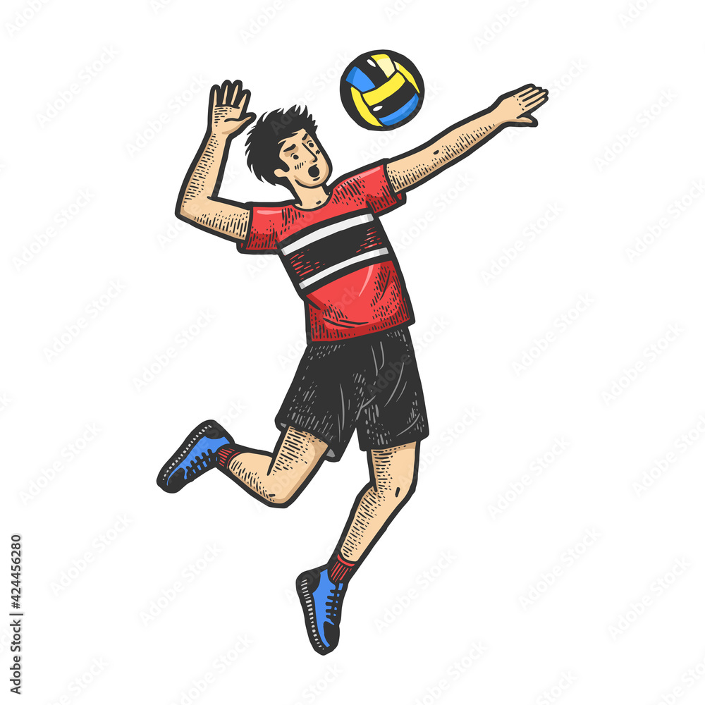 Volleyball player with ball color sketch engraving vector illustration. T-shirt apparel print design. Scratch board imitation. Black and white hand drawn image.