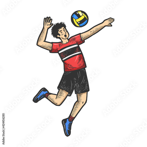 Volleyball player with ball color sketch engraving vector illustration. T-shirt apparel print design. Scratch board imitation. Black and white hand drawn image. © Oleksandr Pokusai