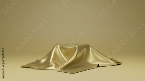 Golden luxurious fabric or cloth placed on top pedestal or blank podium shelf. 3d rendering.