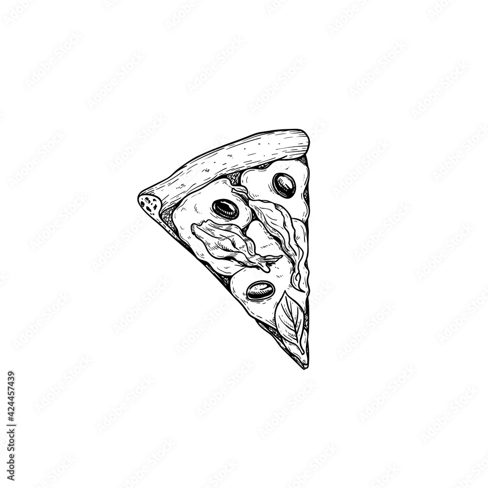 Pizza Pizza fiori di zucca piece. Top view. Hand drawn sketch style pizza with Zucchini flowers drawing. Traditional Italian fast food. Best for menu designs and packages. Vector illustration. Pizza Pizza fiori di zucca piece. Top view. Hand drawn sketch style pizza with Zucchini flowers drawing. Traditional Italian fast food. Best for menu designs and packages. Vector illustration.