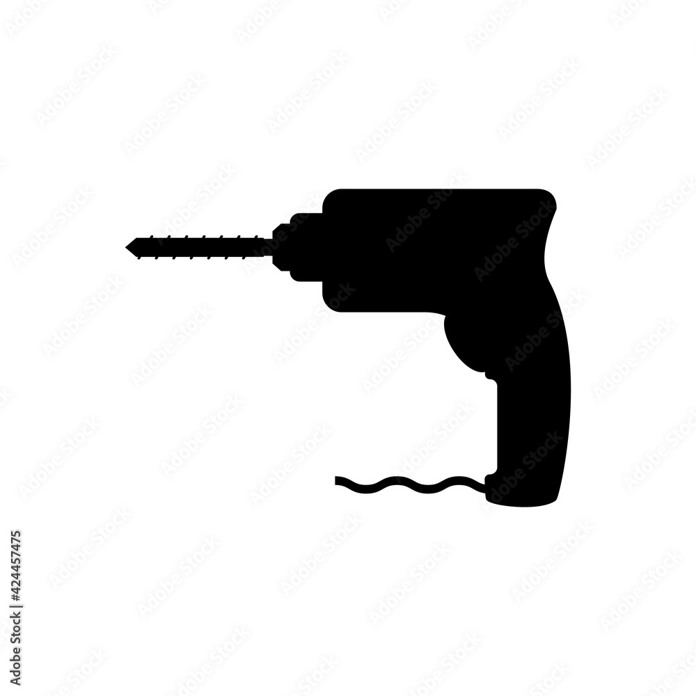 Portable electric hand drill silhouette drawing with bit. Power drill icon. Vector cartoon clipart on white blank background. Portable electric hand drill silhouette drawing with bit. Power drill icon. Vector cartoon clipart on white blank background.