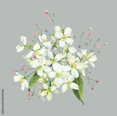 Watercolor bouquet of pink flowers and jasmine on a white background 