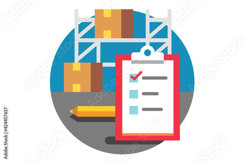 Checklist and warehouse with boxes on a rack.