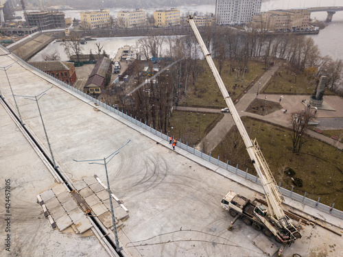 Bridge under construction in Kiev. Aerial drone view.