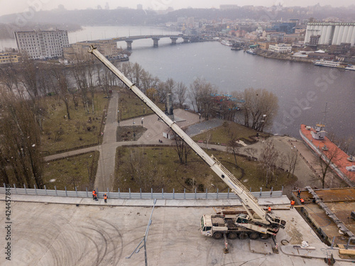 Bridge under construction in Kiev. Aerial drone view.