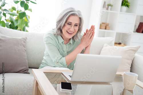 Portrait of positive friendly lady sit on sofa beaming smile look laptop speak video chat home indoors